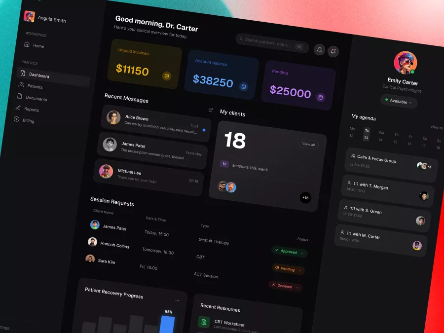 Healthcare Dashboard UI – Mental Health Practice Management Platform