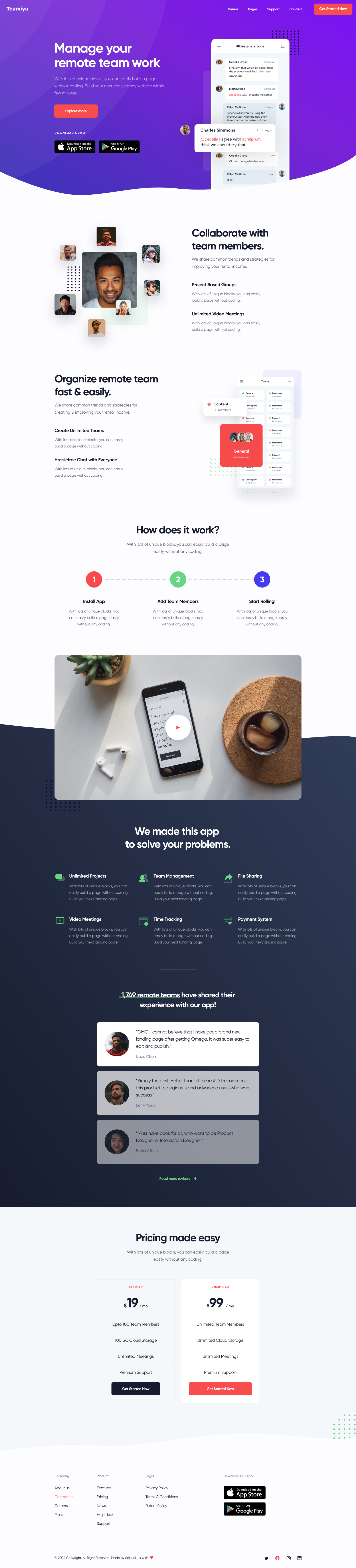 Full Preview of Teamiya - Mobile App Landing Page - Full Page