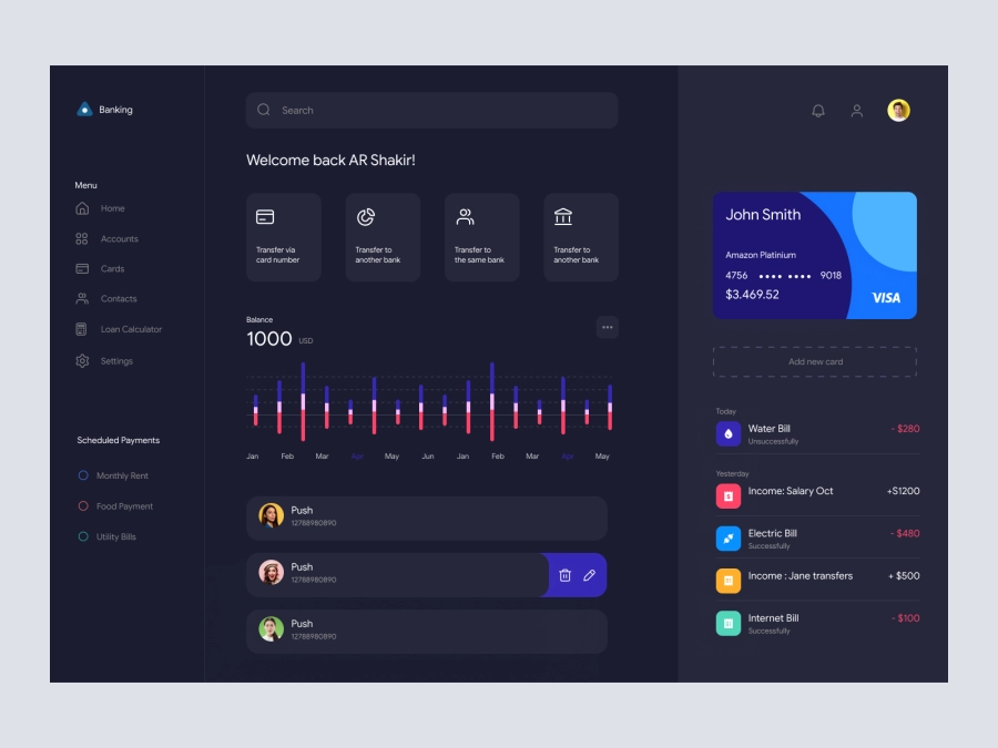 Download PixelPay - Banking Dashboard UI Dark Version for Figma and Adobe XD