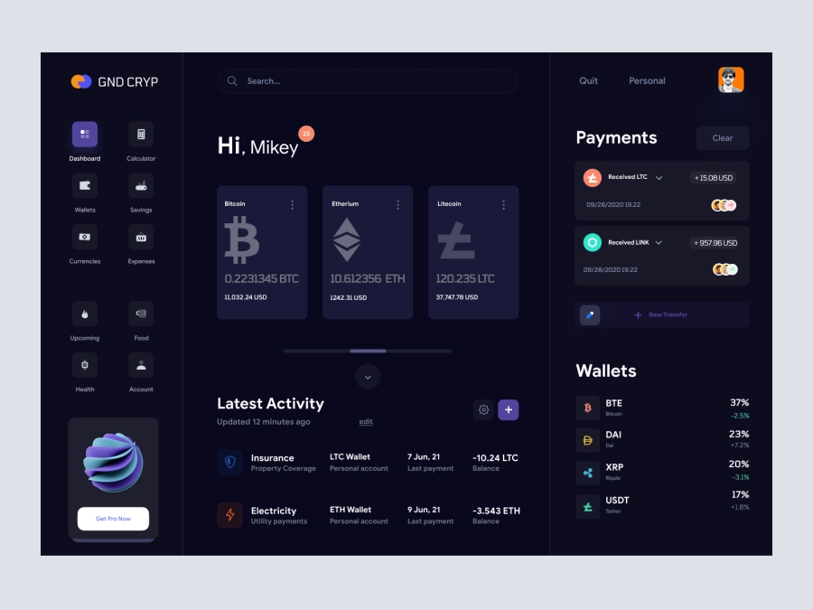 Download CryptoCore - Cryptocurrency Dashboard UI Concept Dark Version for Figma and Adobe XD