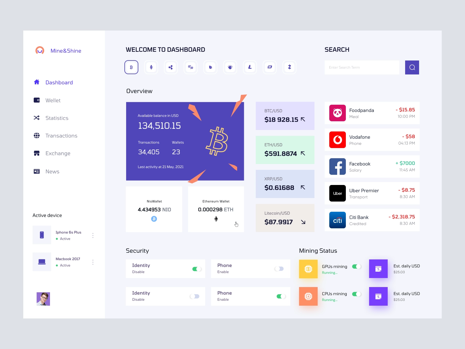Mine and Shine - Bitcoin Mining Dashboard UI Concept