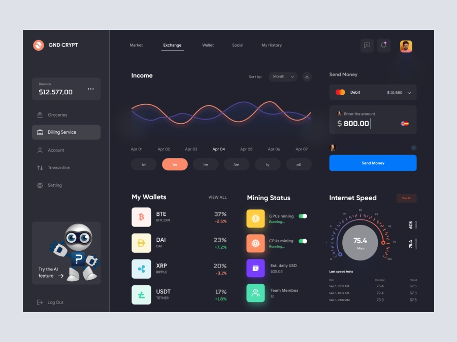 Download Command CRYPT - Cryptocurrency Dashboard UI Dark Version for Figma and Adobe XD