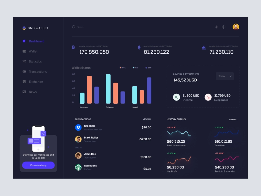 Download Dhoya - Cryptocurrency Dashboard UI Concept for Figma and Adobe XD