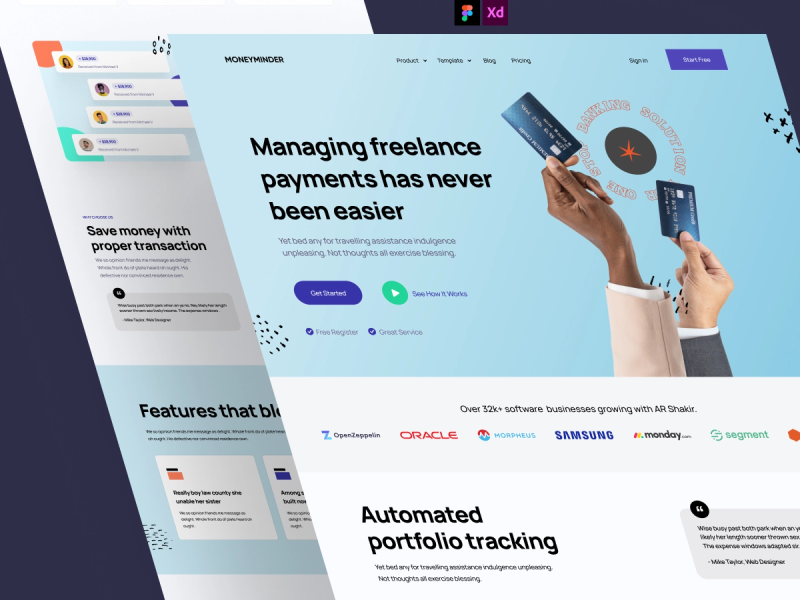 MoneyMinder - Payment Manager Finance App landing Page for Figma and Adobe XD - screen 2