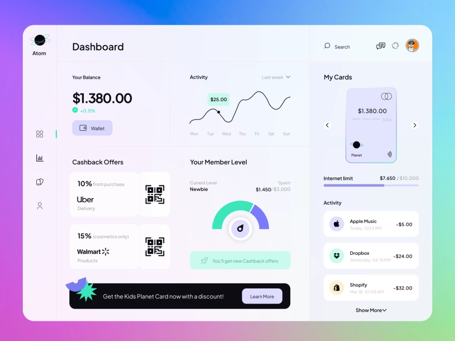 Download Atom - Finance App Dashboard UI Template for Figma and Adobe XD