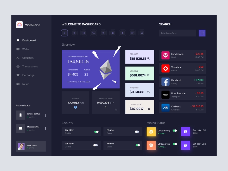 Download Mine and Shine - Bitcoin Mining Dashboard UI Concept Dark Version for Figma and Adobe XD