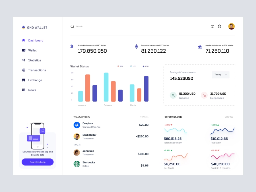 Download Cryptocurrency Dashboard UI Concept for Figma and Adobe XD