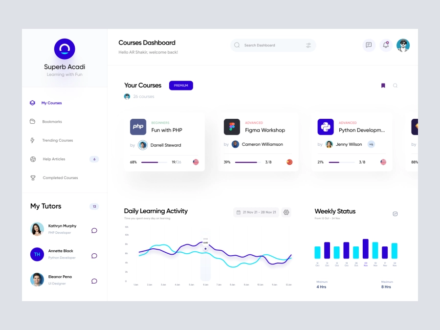 Download eLearning Platform Dashboard UI for Figma and Adobe XD
