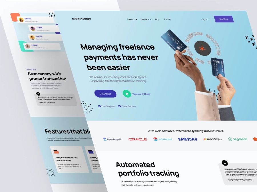 Download MoneyMinder - Payment Manager Finance App landing Page for Figma and Adobe XD